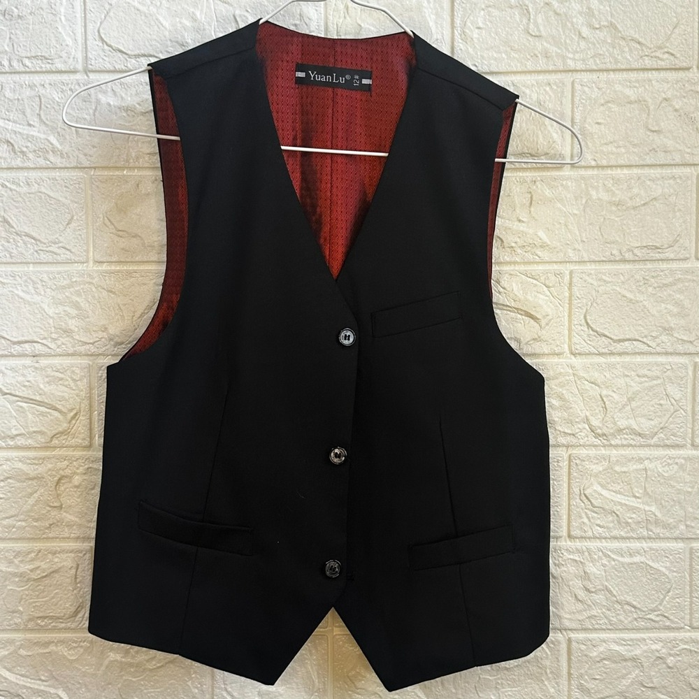 Yuan Lu Boys Black Formal Dress‎ Suit Vest Lining Red Diamond Sz 12 with Bow Tie